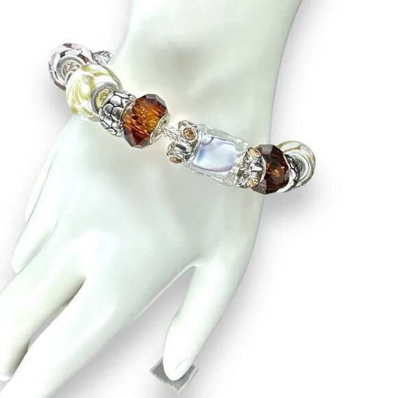 Charm Bracelet Glass Beads Metal Spacer Rib Style Chain Link - Picture 2 of 8